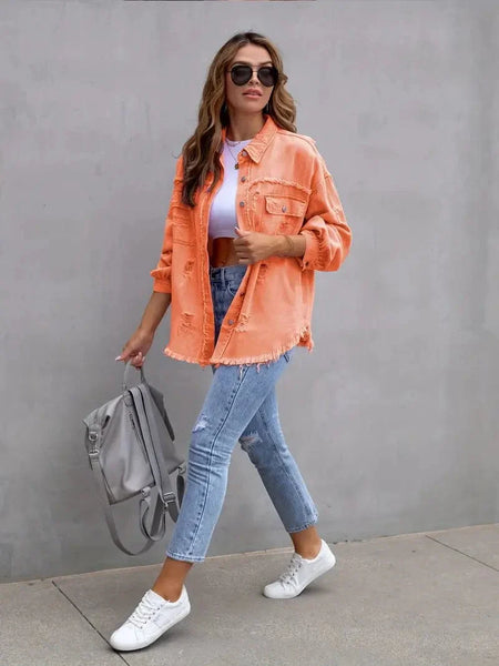 Ripped Raw Edge Distressed Collar Single-Breasted Button-Up Long Sleeve Denim Jacket