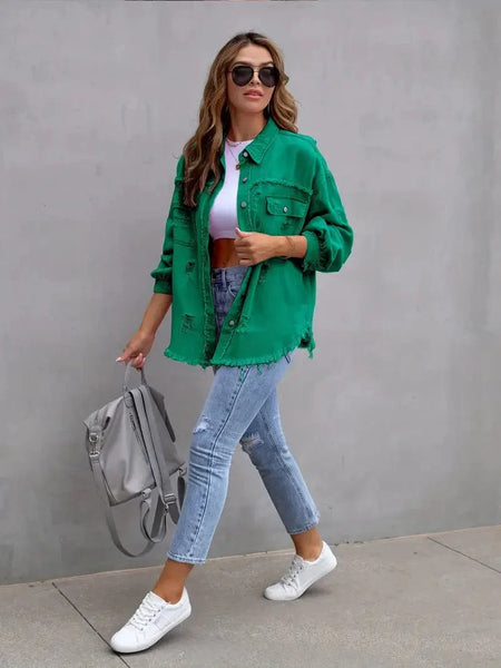 Ripped Raw Edge Distressed Collar Single-Breasted Button-Up Long Sleeve Denim Jacket