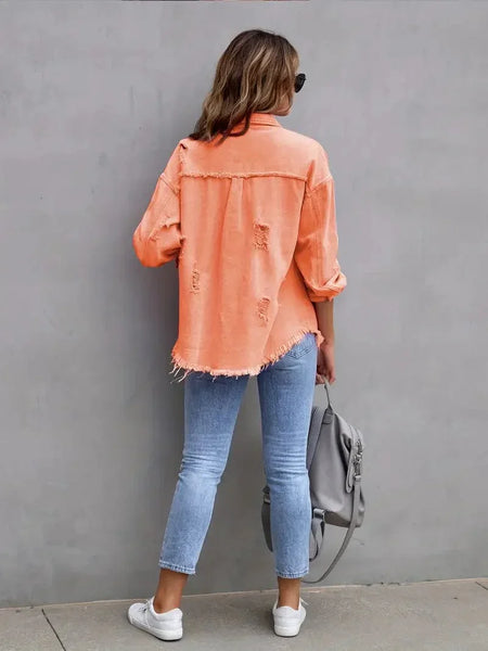Ripped Raw Edge Distressed Collar Single-Breasted Button-Up Long Sleeve Denim Jacket