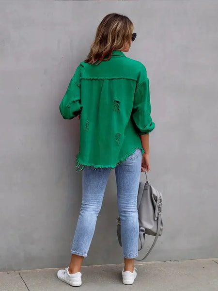 Ripped Raw Edge Distressed Collar Single-Breasted Button-Up Long Sleeve Denim Jacket
