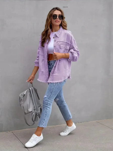 Ripped Raw Edge Distressed Collar Single-Breasted Button-Up Long Sleeve Denim Jacket