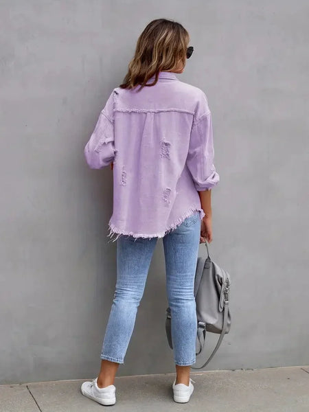 Ripped Raw Edge Distressed Collar Single-Breasted Button-Up Long Sleeve Denim Jacket