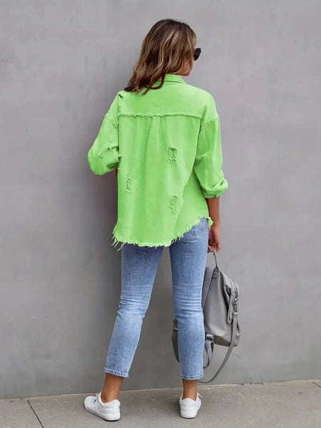 Ripped Raw Edge Distressed Collar Single-Breasted Button-Up Long Sleeve Denim Jacket