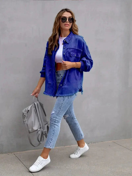 Ripped Raw Edge Distressed Collar Single-Breasted Button-Up Long Sleeve Denim Jacket
