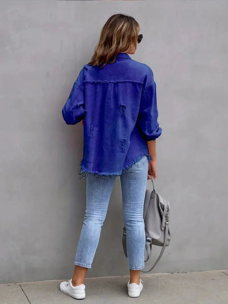 Ripped Raw Edge Distressed Collar Single-Breasted Button-Up Long Sleeve Denim Jacket