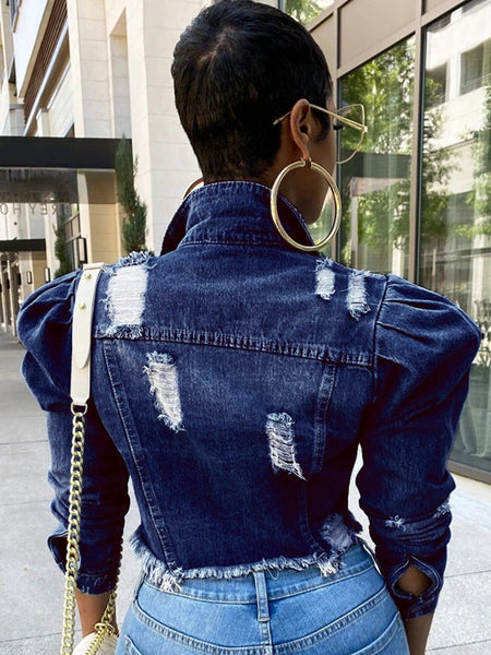 Women's Ripped Raw Hem Puff Sleeve Cropped Denim Jacket