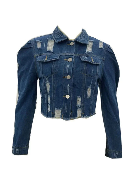 Women's Ripped Raw Hem Puff Sleeve Cropped Denim Jacket
