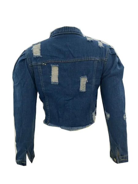 Ripped Raw Hem Puff Sleeve Pocket Cropped Denim Jacket