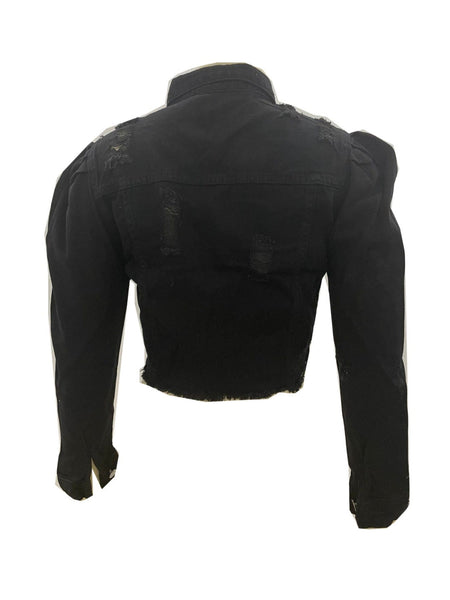 Women's Ripped Raw Hem Puff Sleeve Cropped Denim Jacket