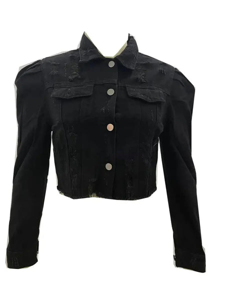 Women's Ripped Raw Hem Puff Sleeve Cropped Denim Jacket