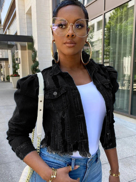 Women's Ripped Raw Hem Puff Sleeve Cropped Denim Jacket