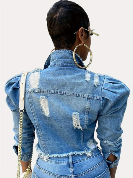 Women's Ripped Raw Hem Puff Sleeve Cropped Denim Jacket