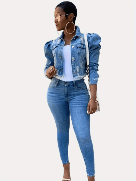 Women's Ripped Raw Hem Puff Sleeve Cropped Denim Jacket