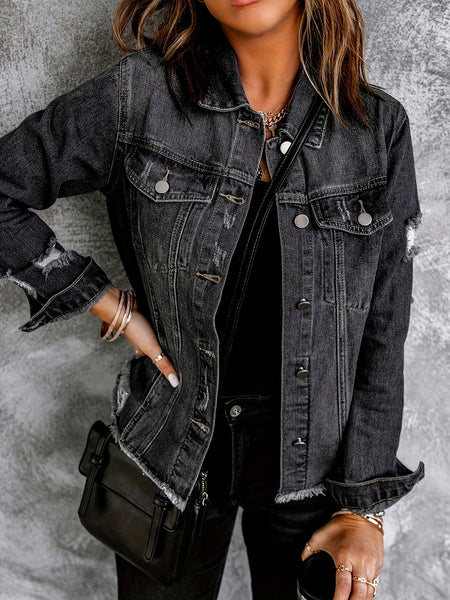 Ripped Single-Breasted Flap Pockets Raw Hem Long Sleeve Denim Coat