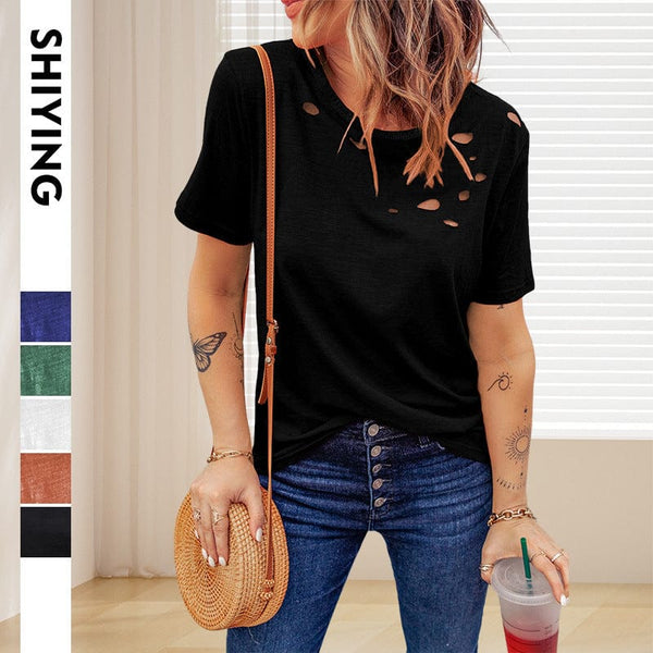 Ripped Solid Color Loose Fit Women'S T-Shirt With Short Sleeves And Round Neck