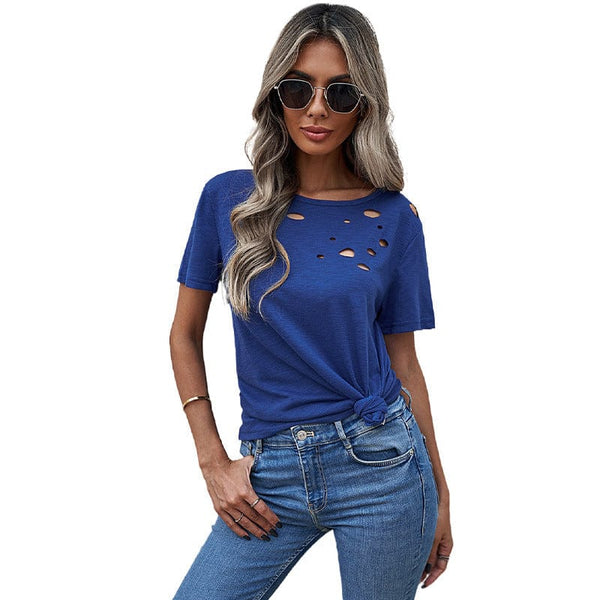 Ripped Solid Color Loose Fit Women'S T-Shirt With Short Sleeves And Round Neck