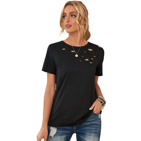 Ripped Solid Color Loose Fit Women'S T-Shirt With Short Sleeves And Round Neck
