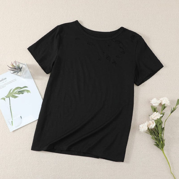 Ripped Solid Color Loose Fit Women'S T-Shirt With Short Sleeves And Round Neck