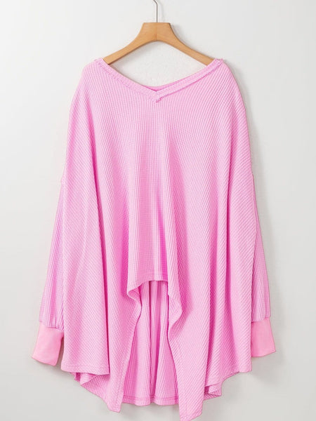 Romantic Bonbon Waffle Knit Exposed Seam High Low Blouse