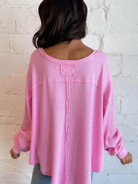 Romantic Bonbon Waffle Knit Exposed Seam High Low Blouse
