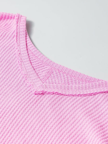 Romantic Bonbon Waffle Knit Exposed Seam High Low Blouse