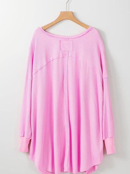 Romantic Bonbon Waffle Knit Exposed Seam High Low Blouse