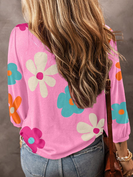 Rose Floral Print Bracelet Sleeve Top for Women