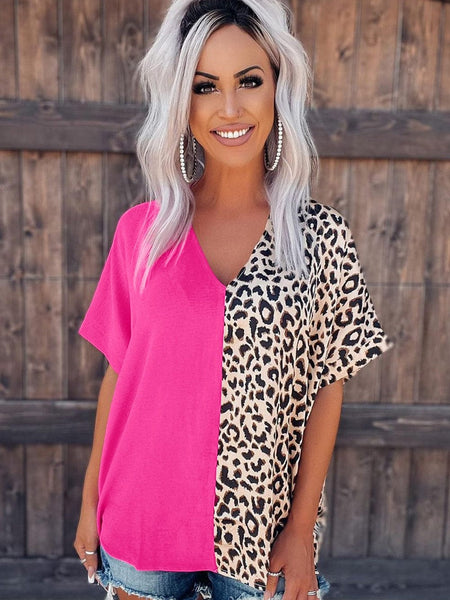 Rose Leopard Colorblock V-Neck Blouse
