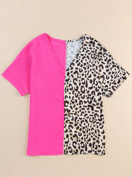 Rose Leopard Colorblock V-Neck Blouse