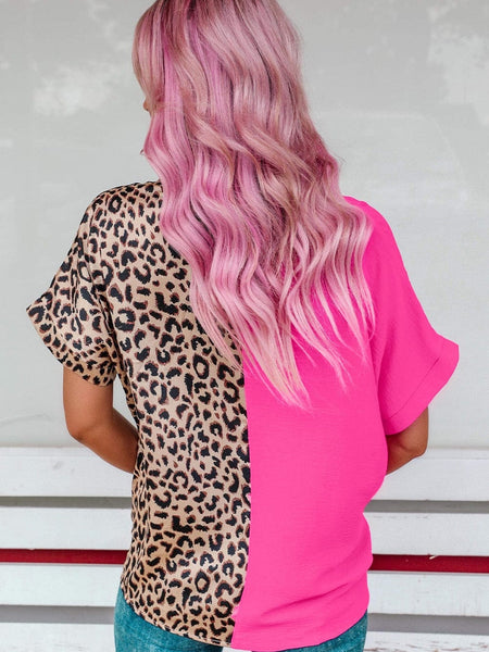 Rose Leopard Colorblock V-Neck Blouse