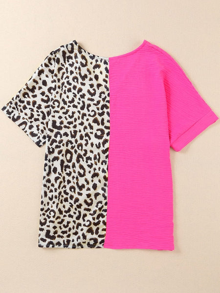Rose Leopard Colorblock V-Neck Blouse