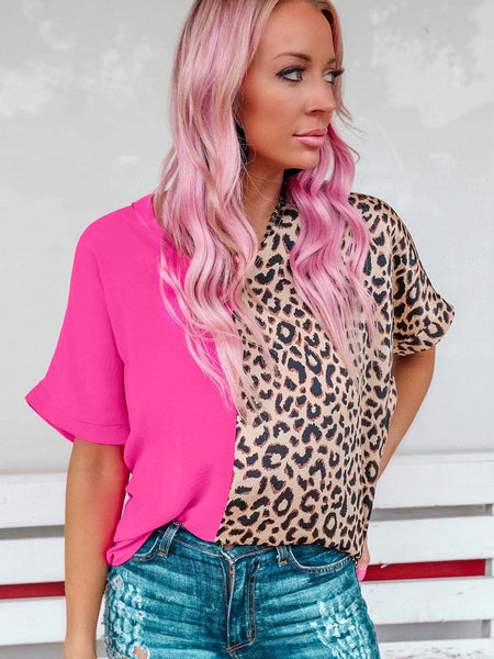 Rose Leopard Colorblock V-Neck Blouse
