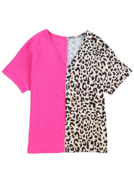 Rose Leopard Colorblock V-Neck Blouse