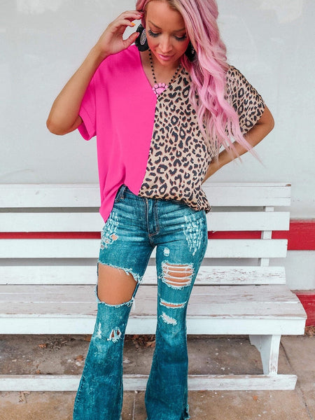 Rose Leopard Colorblock V-Neck Blouse