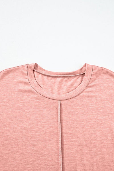 Rose Pink Crew Neck Tee Dress with Center Seam and Rolled Cuffs
