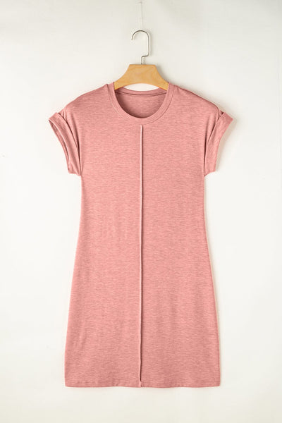 Rose Pink Crew Neck Tee Dress with Center Seam and Rolled Cuffs