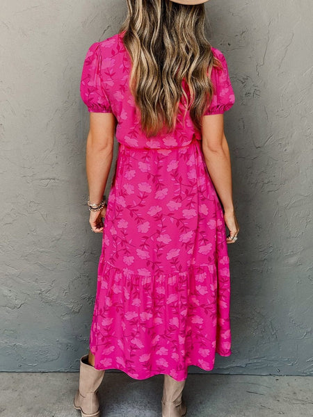 Rose Red Floral Pleated Drawstring Midi Dress with Puff Sleeves