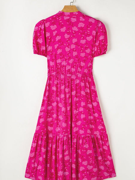 Rose Red Floral Pleated Drawstring Midi Dress with Puff Sleeves