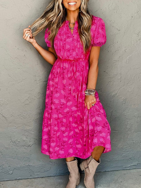 Rose Red Floral Pleated Drawstring Midi Dress with Puff Sleeves