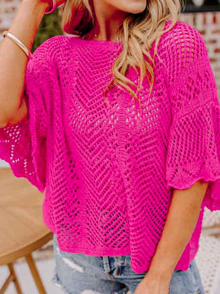 Women's Rose Red Pointelle Knit Scalloped Edge Short Sleeve Top with Crochet Detail