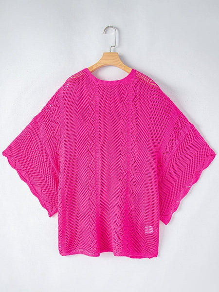 Women's Rose Red Pointelle Knit Scalloped Edge Short Sleeve Top with Crochet Detail
