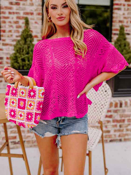 Women's Rose Red Pointelle Knit Scalloped Edge Short Sleeve Top with Crochet Detail