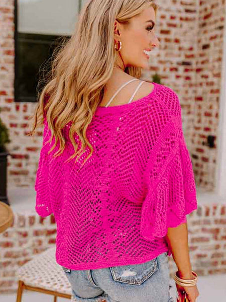 Women's Rose Red Pointelle Knit Scalloped Edge Short Sleeve Top with Crochet Detail