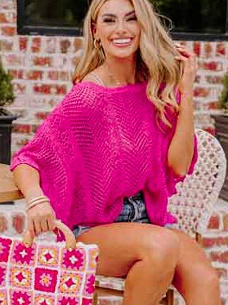 Women's Rose Red Pointelle Knit Scalloped Edge Short Sleeve Top with Crochet Detail
