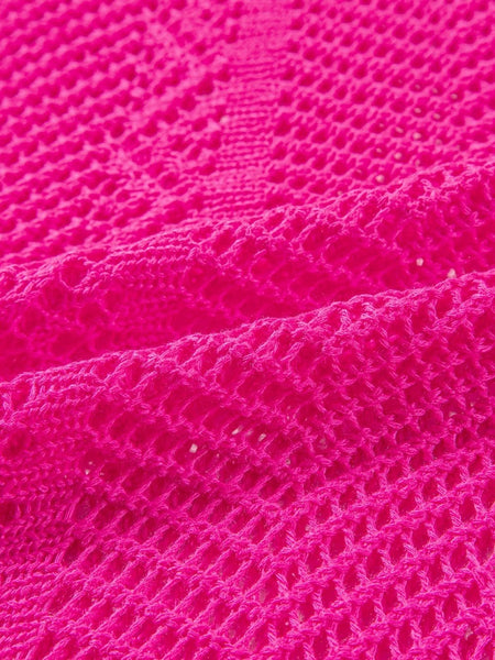 Women's Rose Red Pointelle Knit Scalloped Edge Short Sleeve Top with Crochet Detail