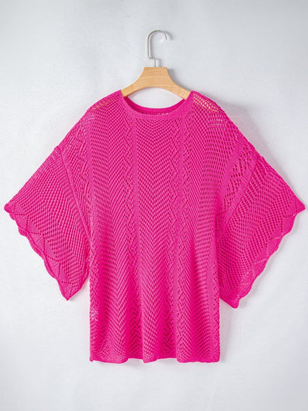 Women's Rose Red Pointelle Knit Scalloped Edge Short Sleeve Top with Crochet Detail