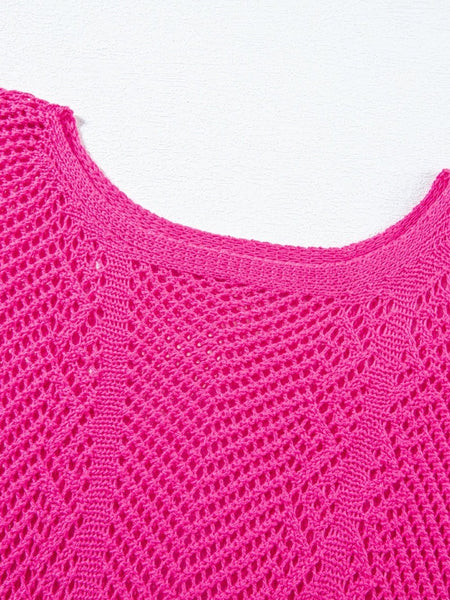 Women's Rose Red Pointelle Knit Scalloped Edge Short Sleeve Top with Crochet Detail