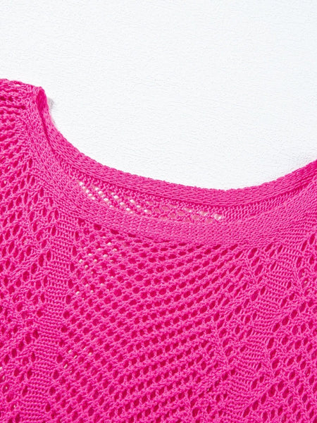 Women's Rose Red Pointelle Knit Scalloped Edge Short Sleeve Top with Crochet Detail