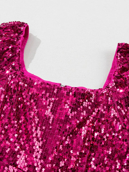 Rose Red Sequin Babydoll Romper with Puff Sleeves