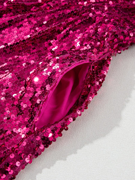Rose Red Sequin Babydoll Romper with Puff Sleeves